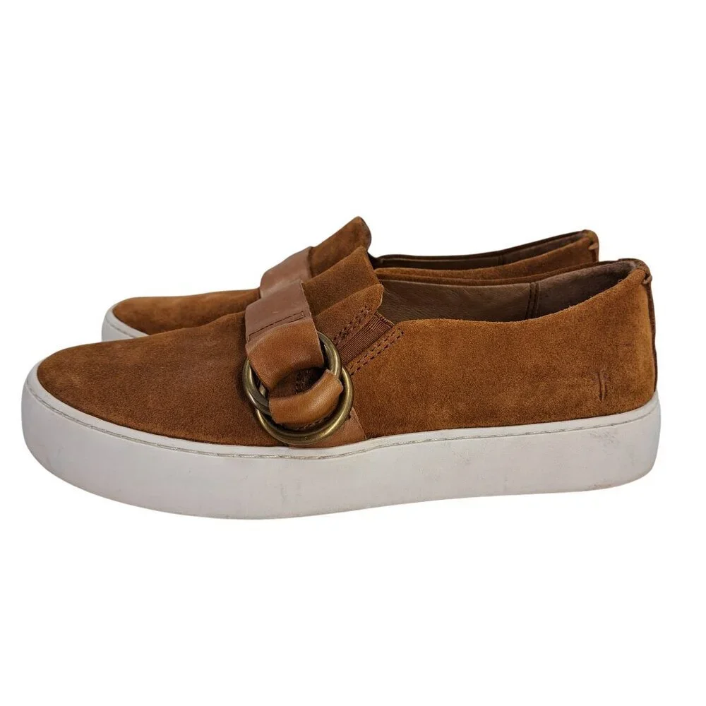 Frye Lena Harness Slip On Suede Loafers Low Top Sneakers Size 6.5 Brown Leather